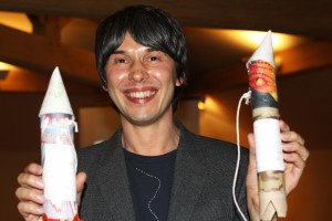Prof Brian Cox: with homemade rockets (picture by Lesley Sweeney)