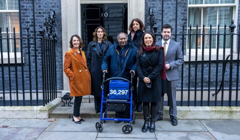 (L-R) Dame Arlene Phillips, Vicky McClure, Ananga Moonesinghe (living with dementia), Alzheimer’s Society CEO Kate Lee, Debbie Abrahams MP and Elliot Colburn MP, handing in a public letter to Rishi Sunak at Downing Street urging him to prioritise people affected by dementia. Picture date: 19 Jan 2023. Photo credit should read: Jeff Moore.