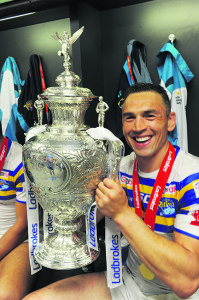 Kevin Sinfield with the biggest smile with trophy in dressing room at Wembley